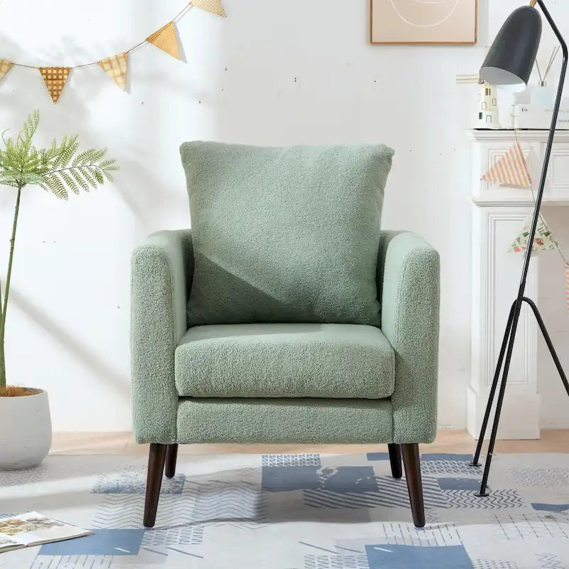 Green Chenille Tub Barrel Accent Chair, Single Seat, Solid Wood Legs