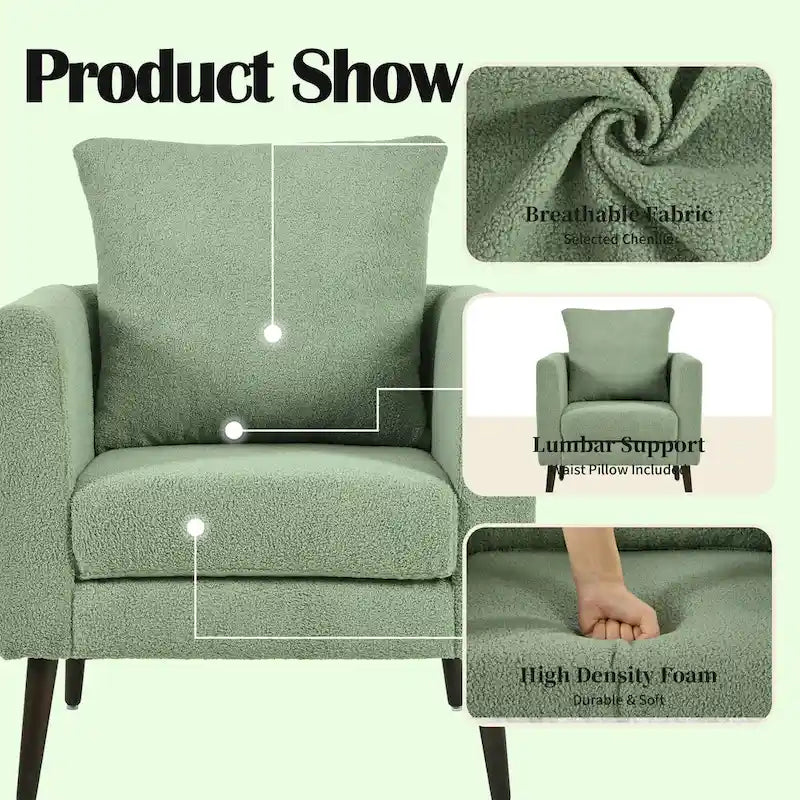 Green Chenille Tub Barrel Accent Chair, Single Seat, Solid Wood Legs
