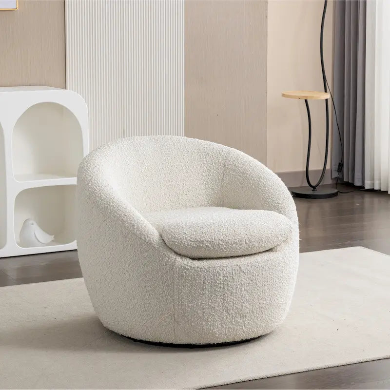Cream White Boucle 360° Swivel Barrel Armchair, Single Seat
