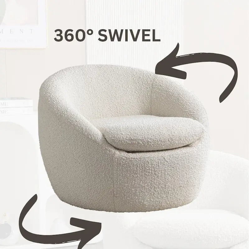 Cream White Boucle 360° Swivel Barrel Armchair, Single Seat