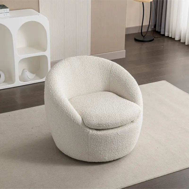 Cream White Boucle 360° Swivel Barrel Armchair, Single Seat