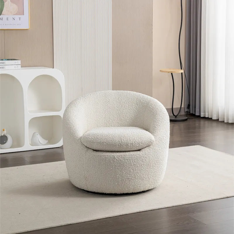 Cream White Boucle 360° Swivel Barrel Armchair, Single Seat