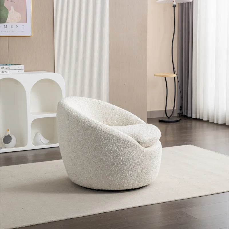 Cream White Boucle 360° Swivel Barrel Armchair, Single Seat