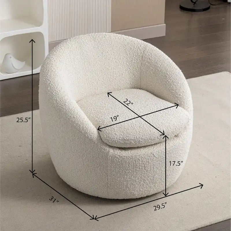 Cream White Boucle 360° Swivel Barrel Armchair, Single Seat