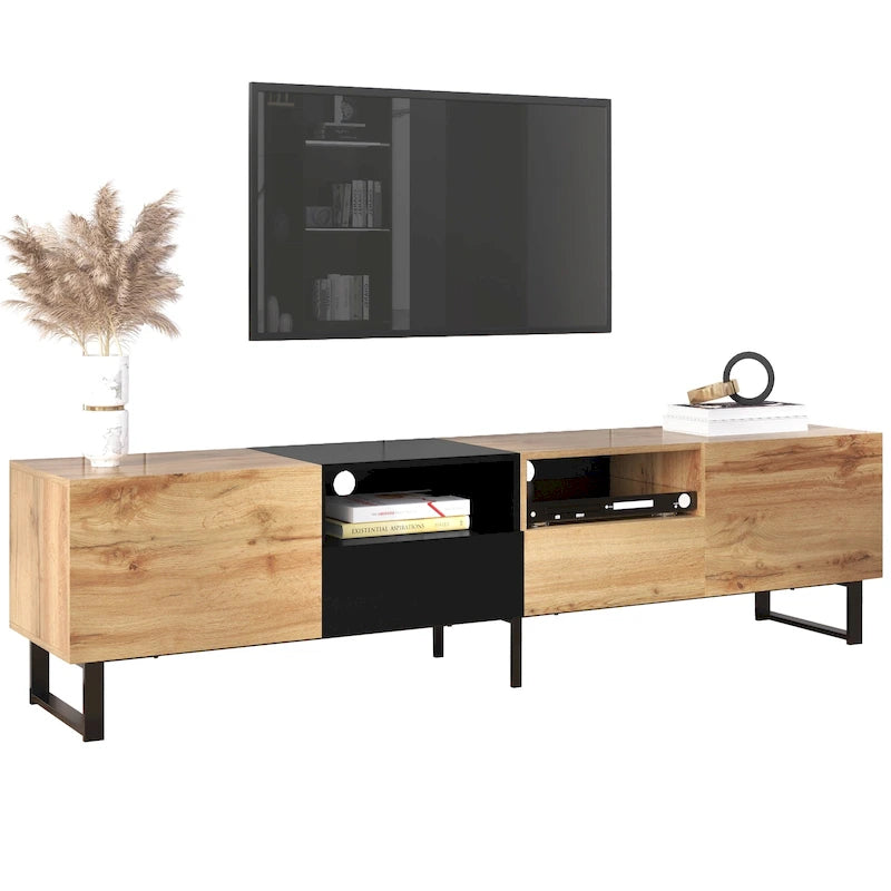 White / Natural TV Stand with 2 Cabinets & Open Shelf, Fits TVs up to 85"