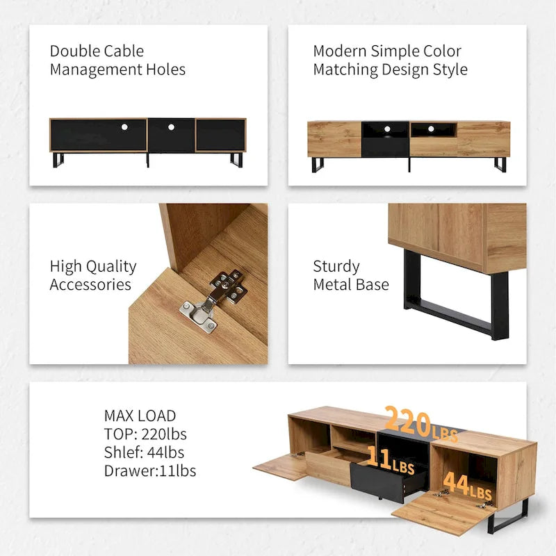 White / Natural TV Stand with 2 Cabinets & Open Shelf, Fits TVs up to 85"