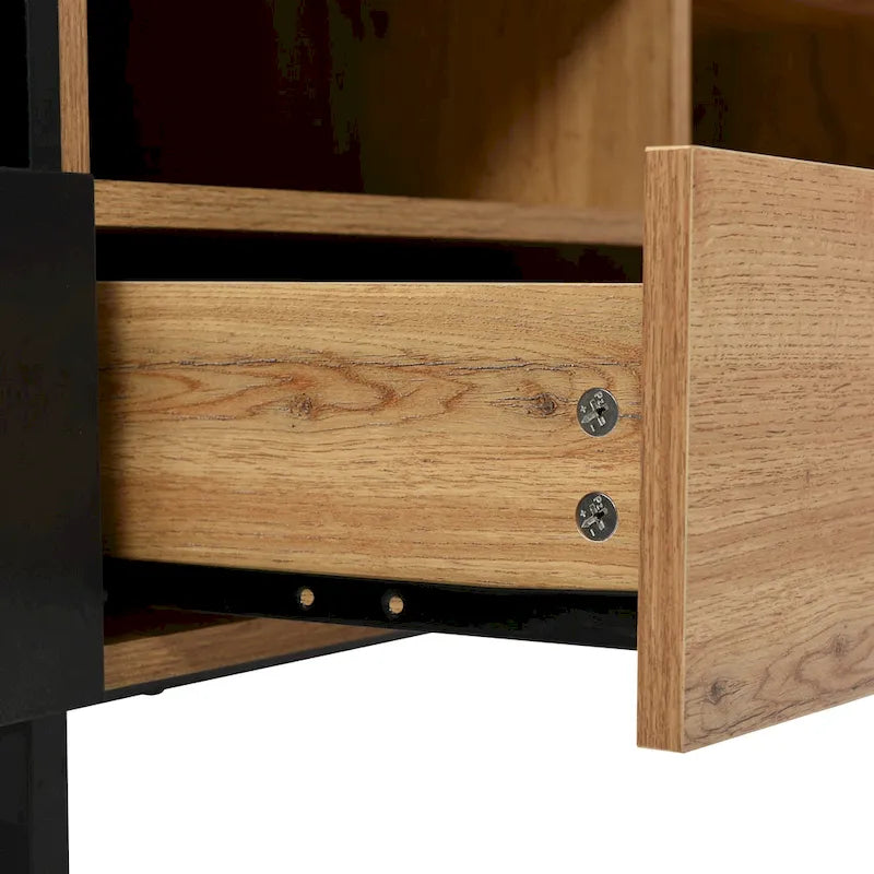 White / Natural TV Stand with 2 Cabinets & Open Shelf, Fits TVs up to 85"