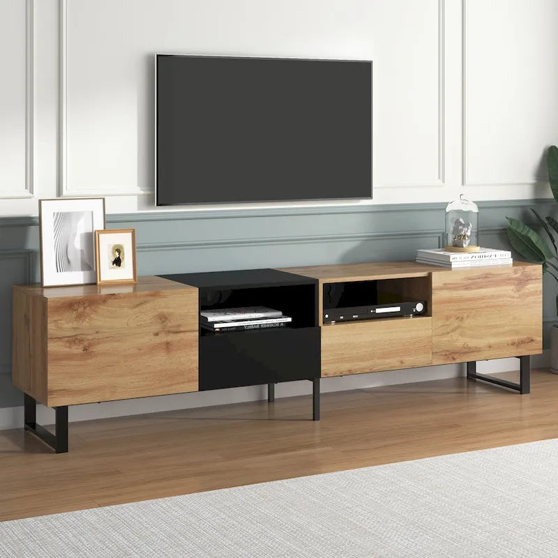 White / Natural TV Stand with 2 Cabinets & Open Shelf, Fits TVs up to 85"