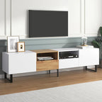 White / Natural TV Stand with 2 Cabinets & Open Shelf, Fits TVs up to 85"