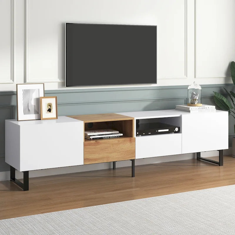 White / Natural TV Stand with 2 Cabinets & Open Shelf, Fits TVs up to 85"