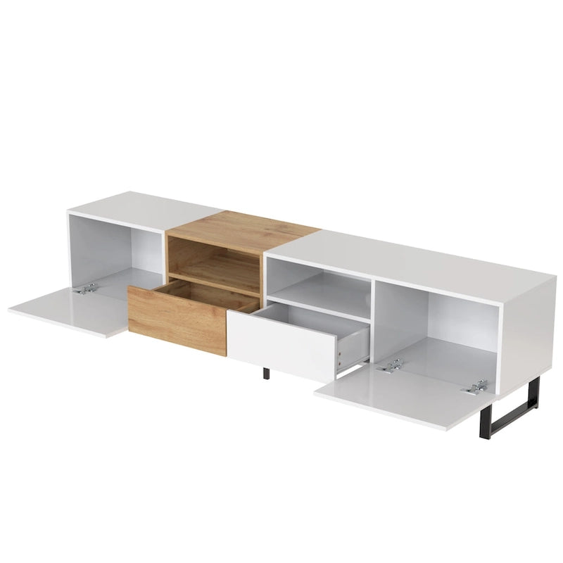 White / Natural TV Stand with 2 Cabinets & Open Shelf, Fits TVs up to 85"