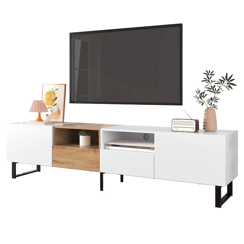 White / Natural TV Stand with 2 Cabinets & Open Shelf, Fits TVs up to 85"