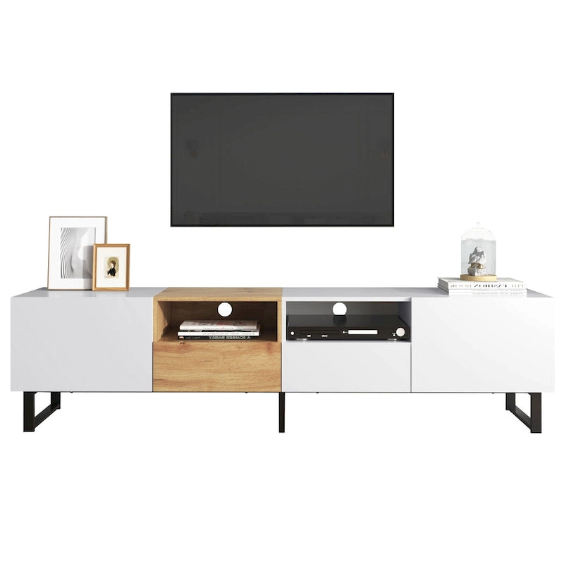 White / Natural TV Stand with 2 Cabinets & Open Shelf, Fits TVs up to 85"