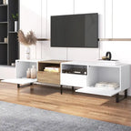 White / Natural TV Stand with 2 Cabinets & Open Shelf, Fits TVs up to 85"