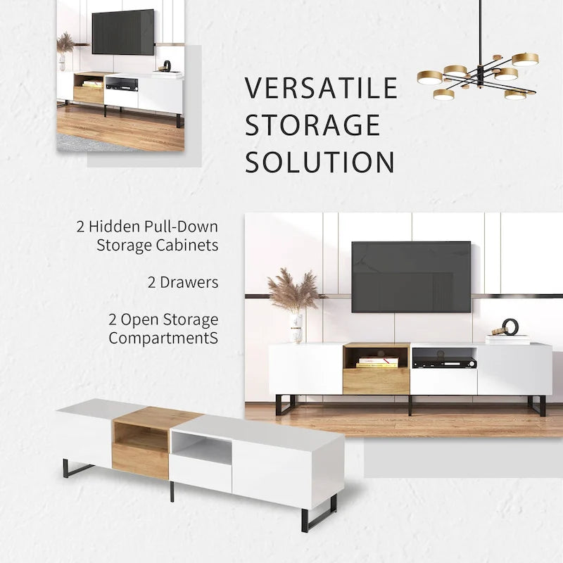 White / Natural TV Stand with 2 Cabinets & Open Shelf, Fits TVs up to 85"