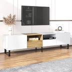 White / Natural TV Stand with 2 Cabinets & Open Shelf, Fits TVs up to 85"