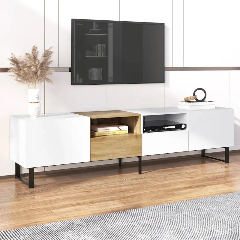 White / Natural TV Stand with 2 Cabinets & Open Shelf, Fits TVs up to 85"