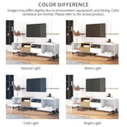 White / Natural TV Stand with 2 Cabinets & Open Shelf, Fits TVs up to 85"