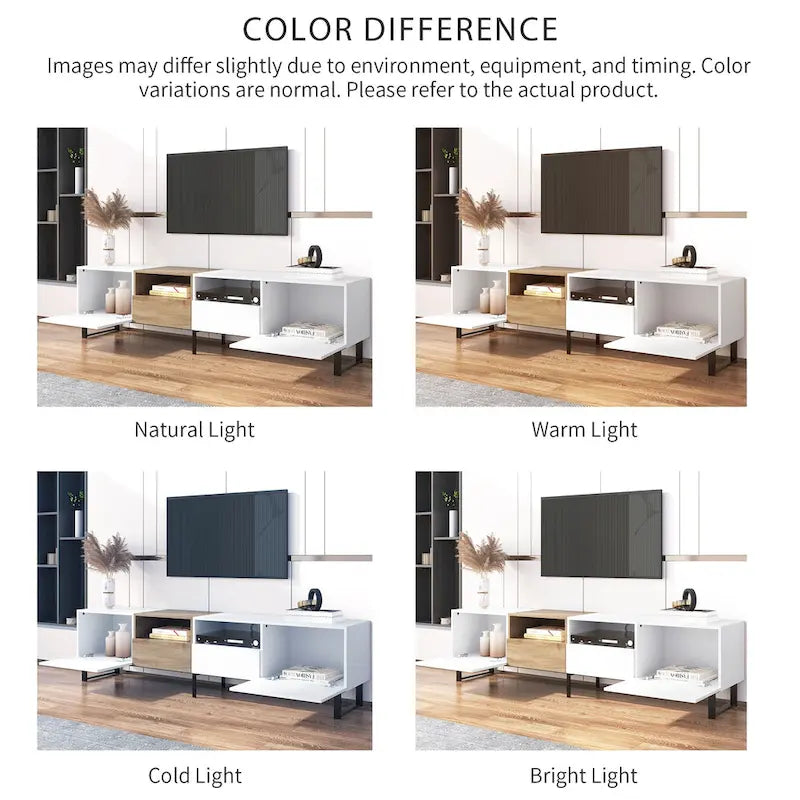 White / Natural TV Stand with 2 Cabinets & Open Shelf, Fits TVs up to 85"