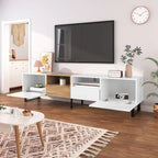 White / Natural TV Stand with 2 Cabinets & Open Shelf, Fits TVs up to 85"