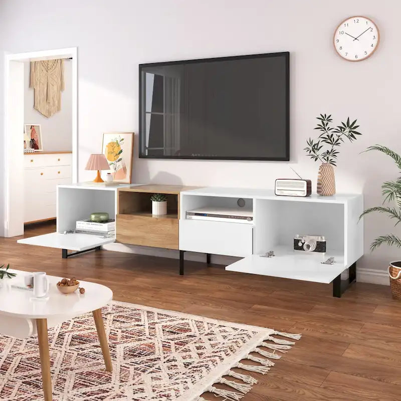 White / Natural TV Stand with 2 Cabinets & Open Shelf, Fits TVs up to 85"