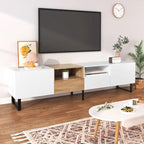 White / Natural TV Stand with 2 Cabinets & Open Shelf, Fits TVs up to 85"