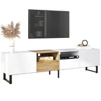 White / Natural TV Stand with 2 Cabinets & Open Shelf, Fits TVs up to 85"