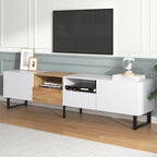 White / Natural TV Stand with 2 Cabinets & Open Shelf, Fits TVs up to 85"