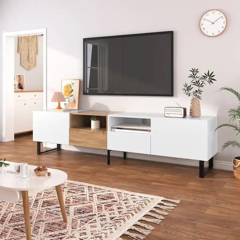 White / Natural TV Stand with 2 Cabinets & Open Shelf, Fits TVs up to 85"