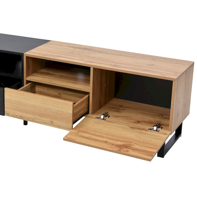 White / Natural TV Stand with 2 Cabinets & Open Shelf, Fits TVs up to 85"