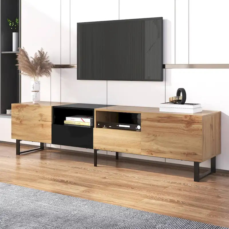 White / Natural TV Stand with 2 Cabinets & Open Shelf, Fits TVs up to 85"