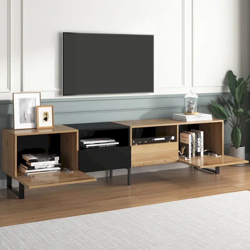 White / Natural TV Stand with 2 Cabinets & Open Shelf, Fits TVs up to 85"