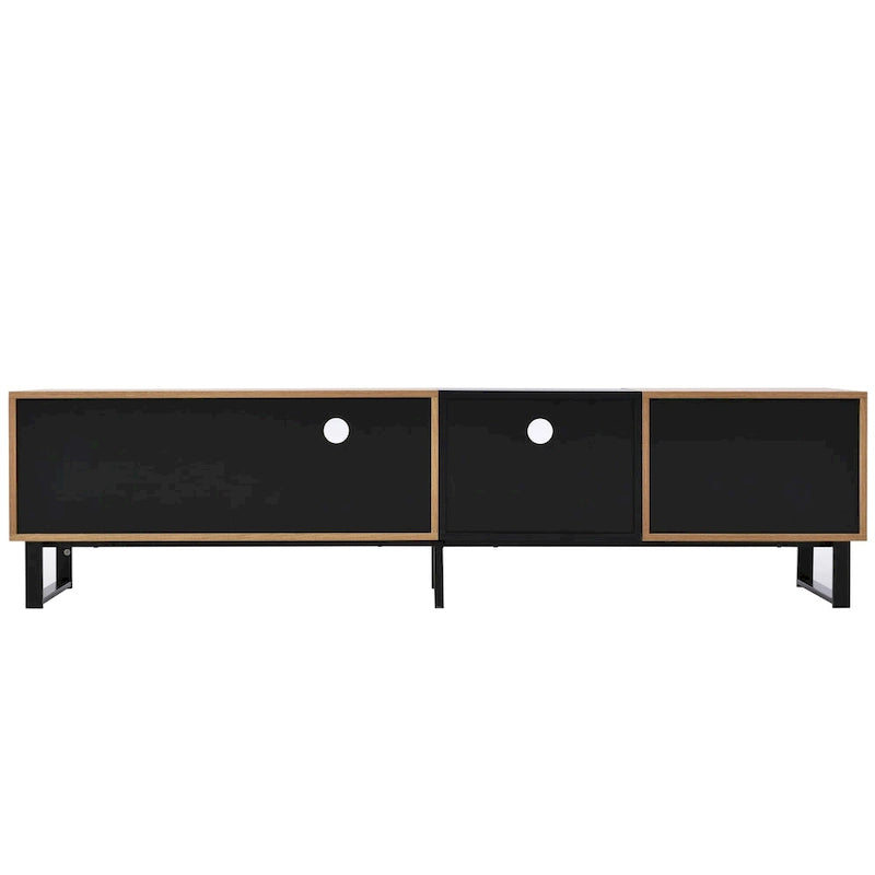 White / Natural TV Stand with 2 Cabinets & Open Shelf, Fits TVs up to 85"