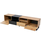 White / Natural TV Stand with 2 Cabinets & Open Shelf, Fits TVs up to 85"
