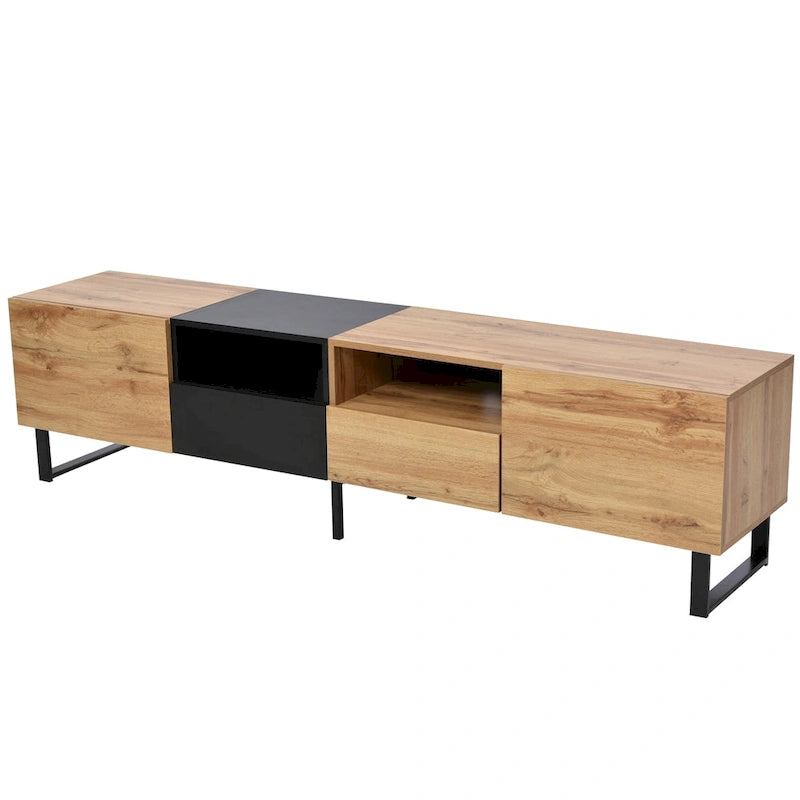 White / Natural TV Stand with 2 Cabinets & Open Shelf, Fits TVs up to 85"