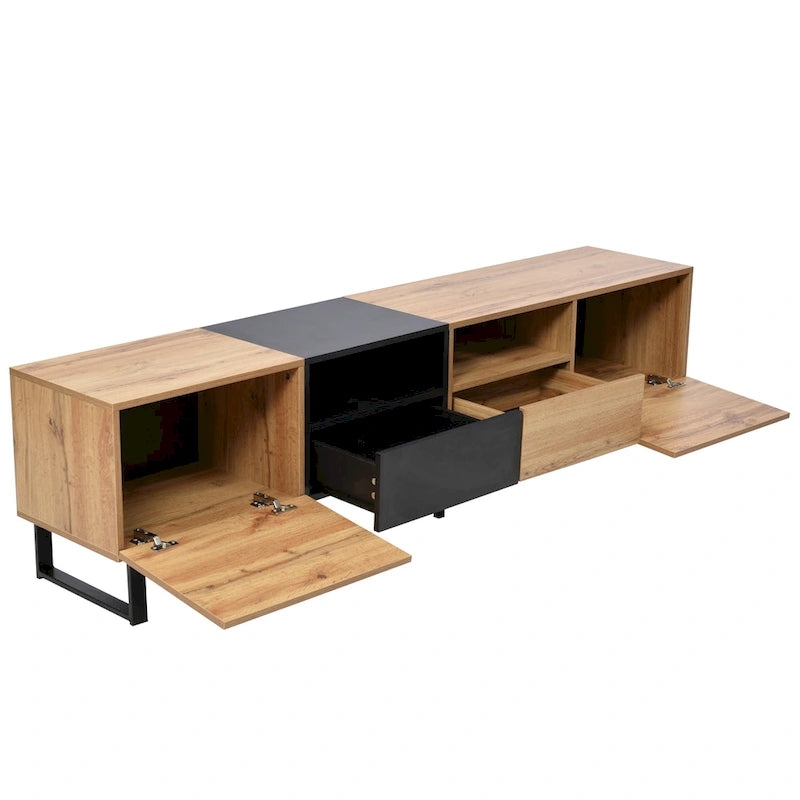 White / Natural TV Stand with 2 Cabinets & Open Shelf, Fits TVs up to 85"