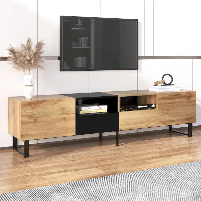 White / Natural TV Stand with 2 Cabinets & Open Shelf, Fits TVs up to 85"