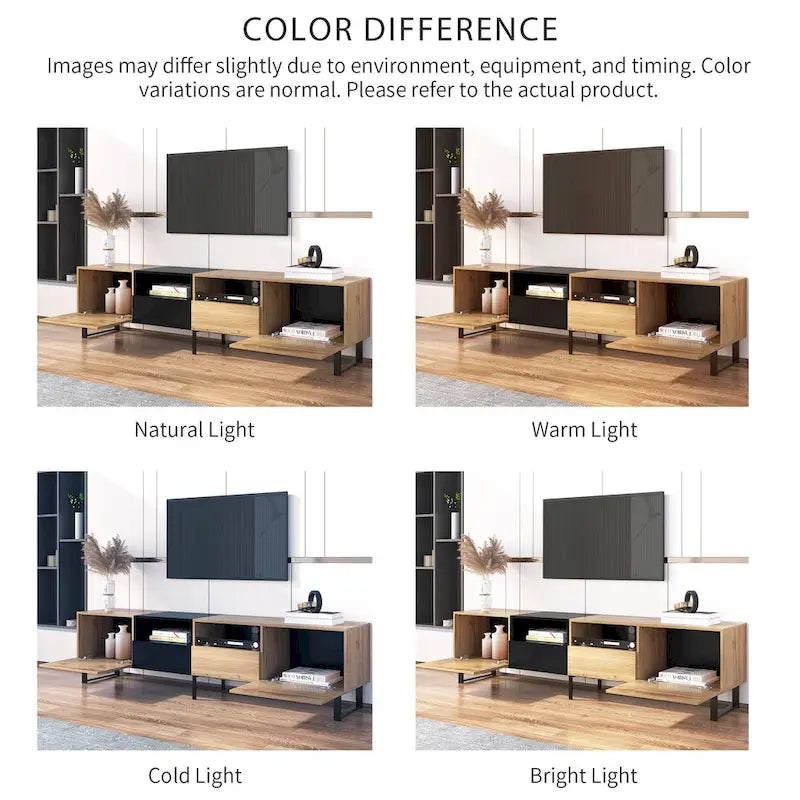White / Natural TV Stand with 2 Cabinets & Open Shelf, Fits TVs up to 85"