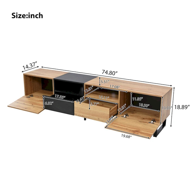 White / Natural TV Stand with 2 Cabinets & Open Shelf, Fits TVs up to 85"