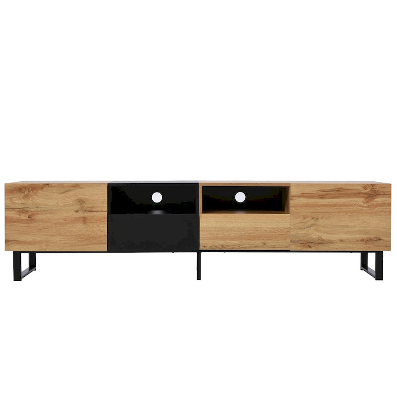 White / Natural TV Stand with 2 Cabinets & Open Shelf, Fits TVs up to 85"