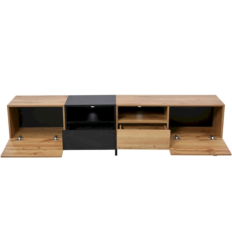 White / Natural TV Stand with 2 Cabinets & Open Shelf, Fits TVs up to 85"