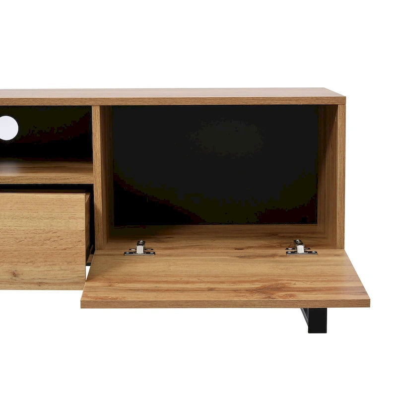 White / Natural TV Stand with 2 Cabinets & Open Shelf, Fits TVs up to 85"