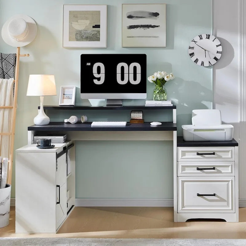 Black / Light Brown / White Farmhouse Computer Desk with File Cabinet, 1-Person