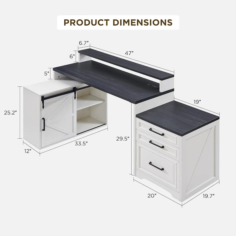 Black / Light Brown / White Farmhouse Computer Desk with File Cabinet, 1-Person