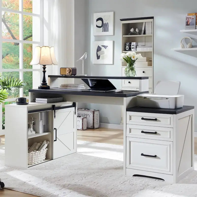 Black / Light Brown / White Farmhouse Computer Desk with File Cabinet, 1-Person