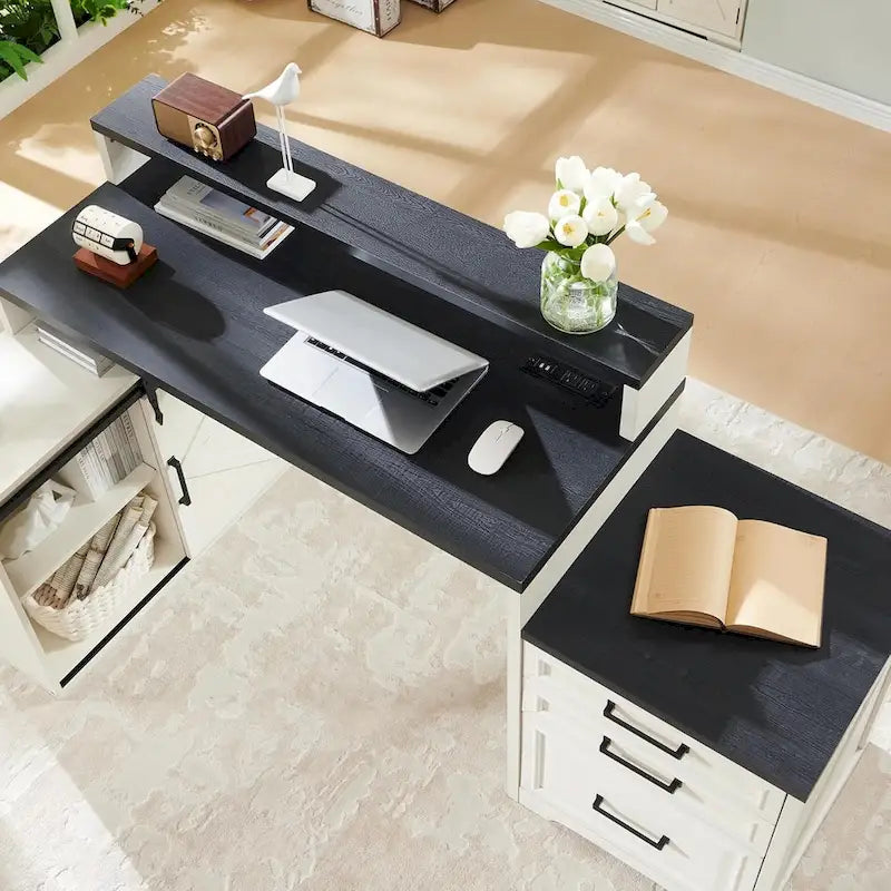 Black / Light Brown / White Farmhouse Computer Desk with File Cabinet, 1-Person