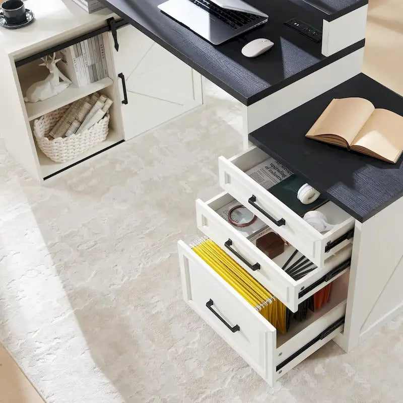 Black / Light Brown / White Farmhouse Computer Desk with File Cabinet, 1-Person