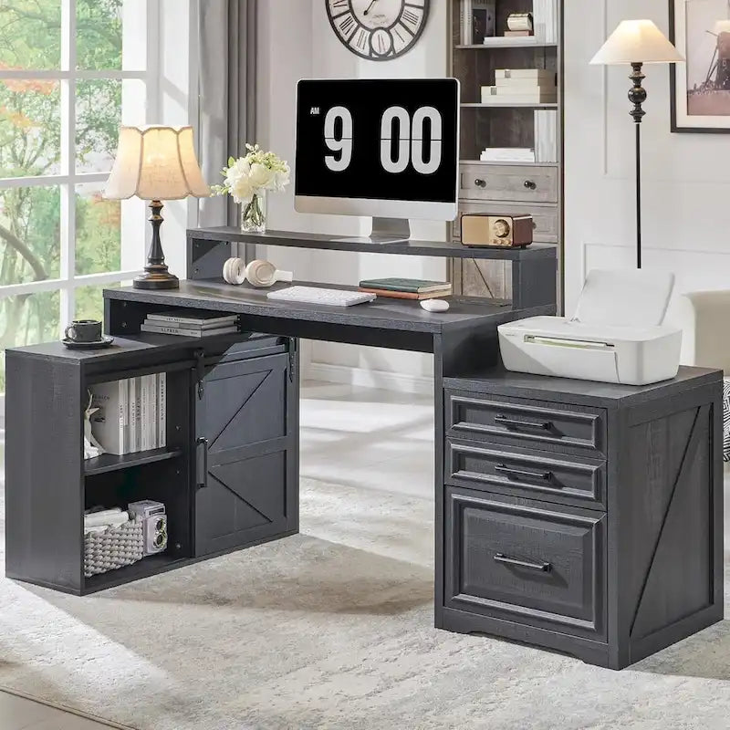 Black / Light Brown / White Farmhouse Computer Desk with File Cabinet, 1-Person