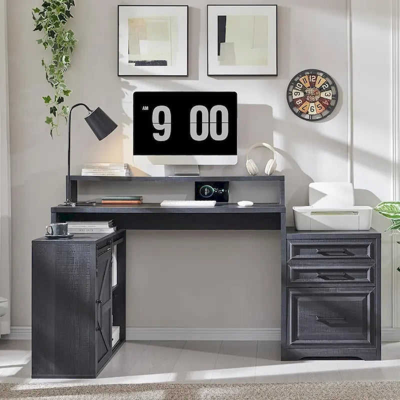 Black / Light Brown / White Farmhouse Computer Desk with File Cabinet, 1-Person