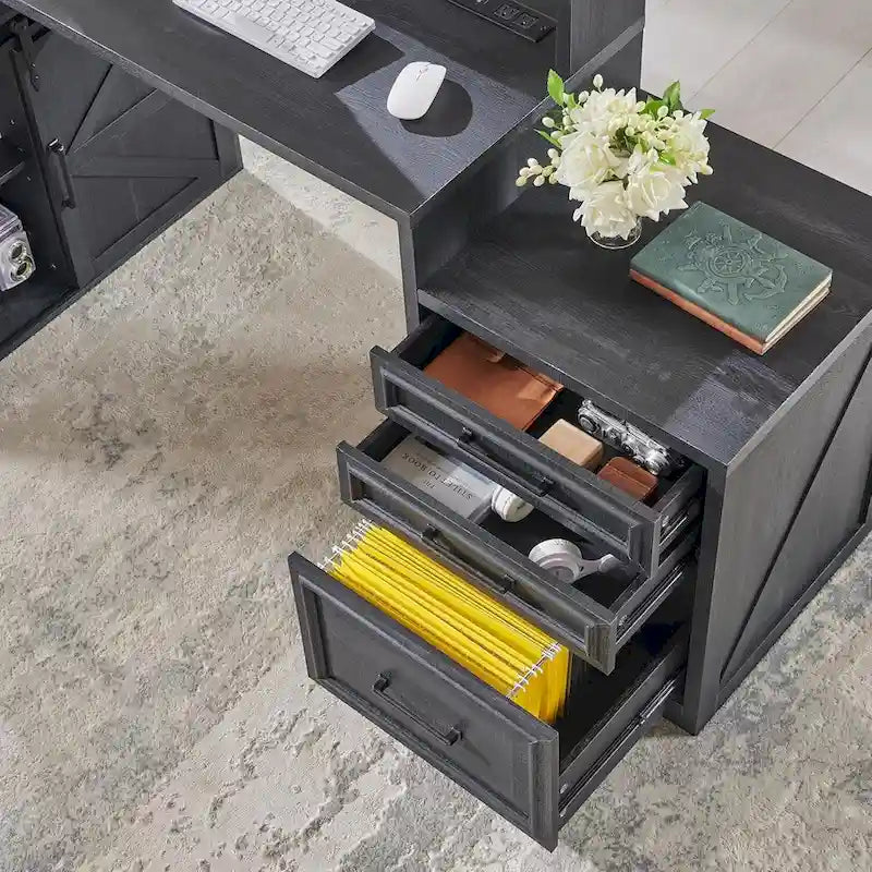 Black / Light Brown / White Farmhouse Computer Desk with File Cabinet, 1-Person